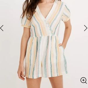 Madewell Linen Button-Wrap Romper in Stripe XL